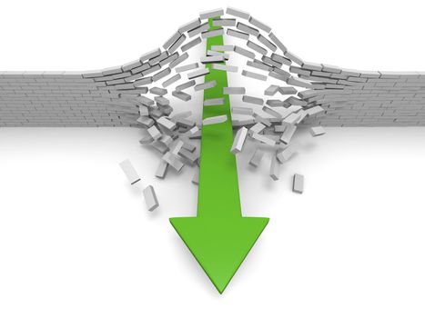 Illustration of green arrow breaking through brick wall, concept of success, breakthrough, achievement