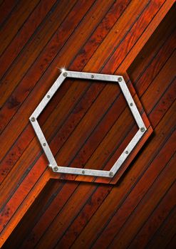 Empty hexagonal metallic frame on a old diagonal wooden wall



