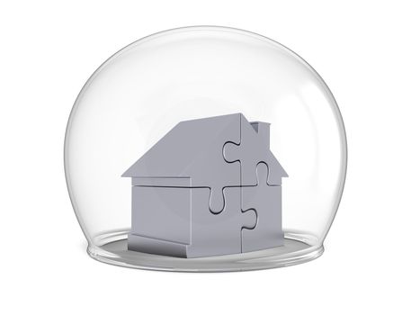 House made of silver puzzle pieces shielded by glass bowl, isolated on white background