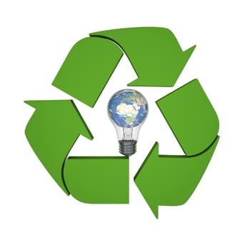 Lightbulb with planet Earth inside recycling symbol, concept of new ideas in environmental protection and conservation. Elements of this image furnished by NASA