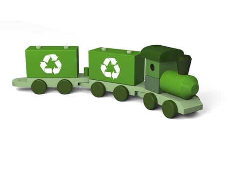 Green toy train with recycling symbols, concept of environmental protection as part of early children education, isolated on white background