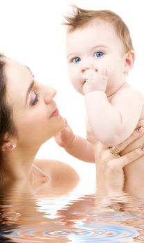 picture of happy mother with baby in water