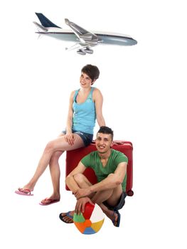 young couple goes on vacation with plane