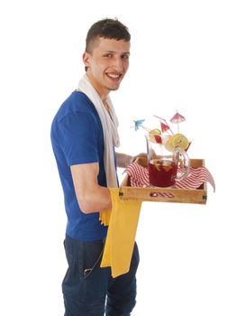 Young man serving cocktails on a white background
