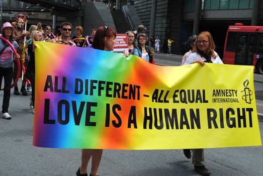 Gay rights activists from Amnesty International during a gay pride parade in Oslo, Norway.