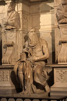 Michelangelo's Moses in the church of San Pietro in Vincoli in Rome, Italy. The sculpture was completed in 1515 AD.
