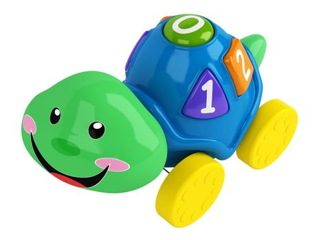 Eductational toy turtle with a lovely cheerful grin and numbers in different sizes and shapes to fit into holes in the shell isolated on white