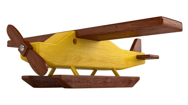 Quaint rustic wooden seaplane toy on pontoons with a propeller isolated on white