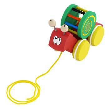 Fun wooden multicoloured cartoon snail toy on wheels with a string for pulling it along isolated on white
