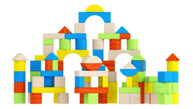 Colourful array of different shaped building blocks in geometric shapes including triangles, tubular, curved and arched for teaching a child creativity and design isolated on white