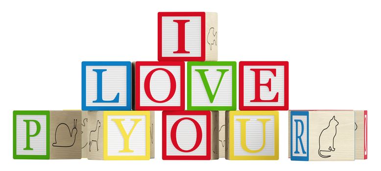 I Love You spelled out on wooden toy alphabet blocks isolated on white