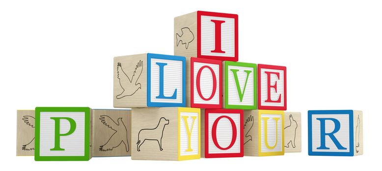I Love You spelled out on wooden toy alphabet blocks isolated on white