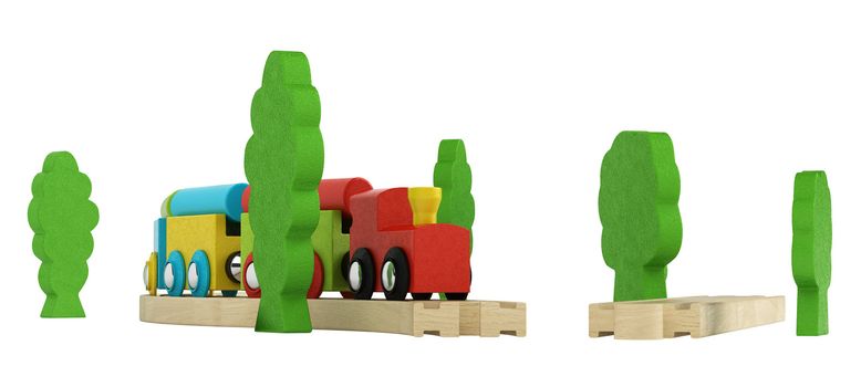 Colourful wooden model train with simple blocky engine and carriages on short lengths of track isolated on white