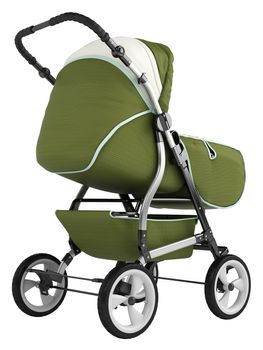 Isolated baby pram with an upholstered cover and hood for taking the baby out for a stroll or walk isolated on white