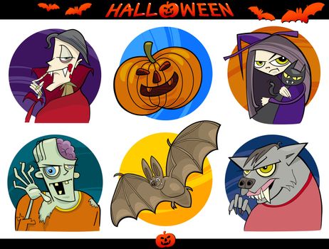 Cartoon Illustration of Halloween Themes, Vampire, Zombie, Witch, Werewolf, Pumpkin and Bat Funny Set