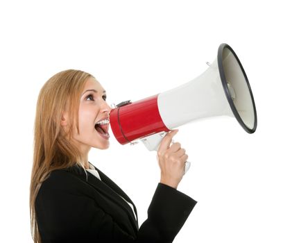 Female executive yelling through a megaphone isolated on white background.