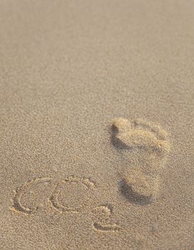 footprint and carbon dioxide imprints on the beach