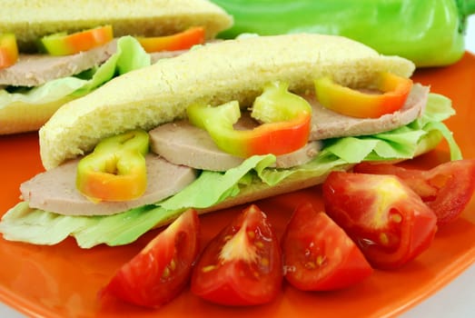 Sandwich with salami and salad close detail