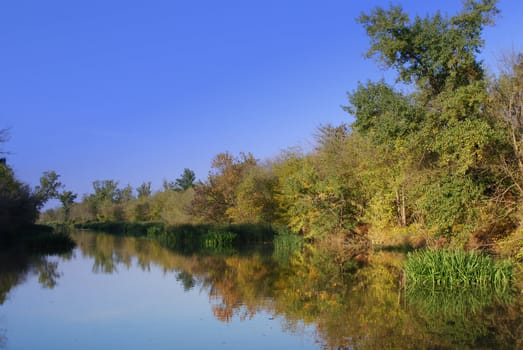 River with sky and trees reflection in water autumn scene