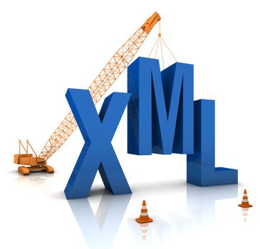 Construction site crane building a blue XML 3D text. Part of a series.