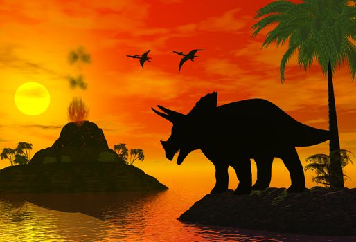 Tropic scene with dinosaur silhouette 3d illustration