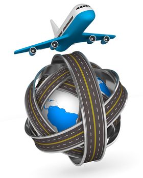 Roads round globe and airplane on white background. Isolated 3D image