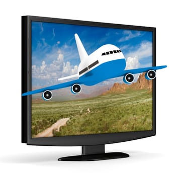 TV and airplane on white background. Isolated 3D image