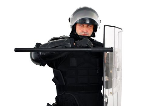 Riot policeman defense pose isolated