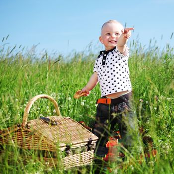  picnic on green grass boy and basket