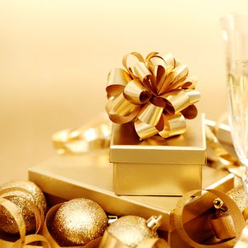 golden christmas background champagne gifts ball