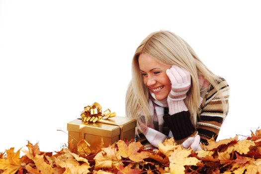  woman take autumn gift isolated in studio