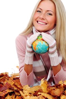 woman take globe isolated in studio