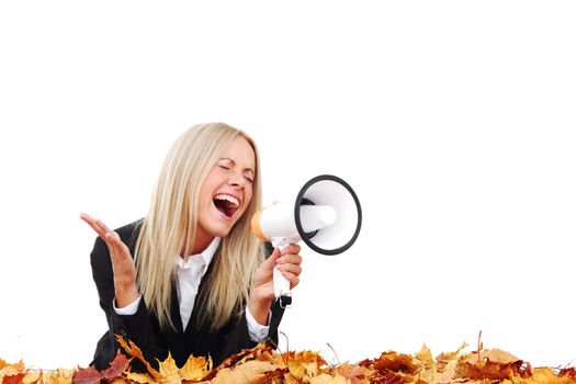 autumn businesswoman with megaphone studio isolated in studio