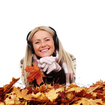 autumn woman listening music in studio