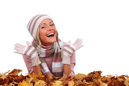  studio portrait of autumn woman in  yellow leaves