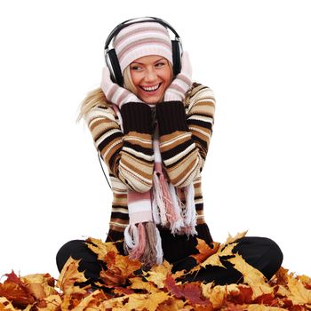autumn woman listening music in studio