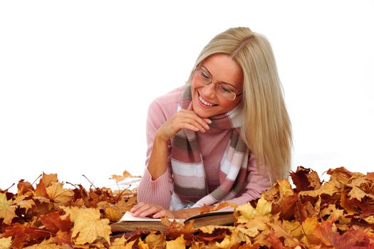 autumn woman read in studio on leaves