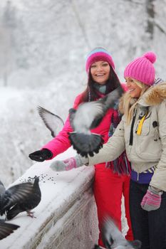 winter women give food to the pigeon