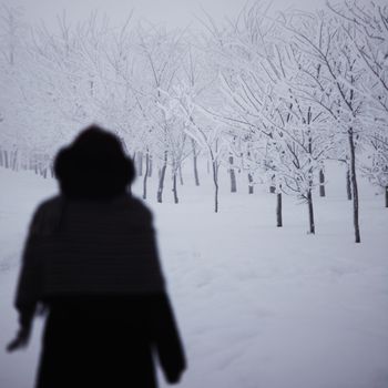 winter women close up portrait in frost forest