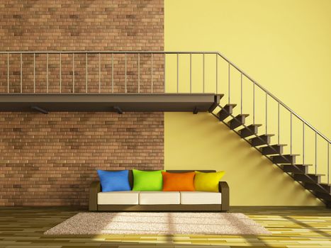A large room with a ladder and sofa