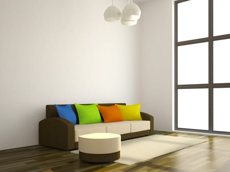 The sofa with the color pillows near a wall