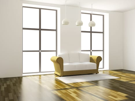 The room with sofa and a big windows