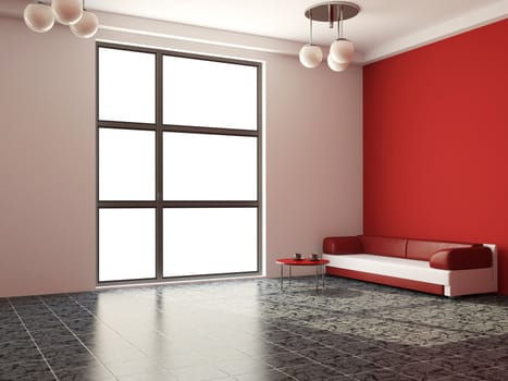 The room interior with sofa and the table