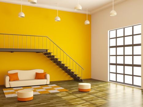 A large room with a ladder and sofa