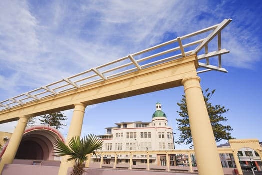 Napier, New Zealand, known as the art deco capital of the world. Some of the buildings and decorative archways on the promenade.