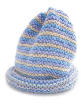 Cute baby's hat, hand knitted in garter stitch stripes.