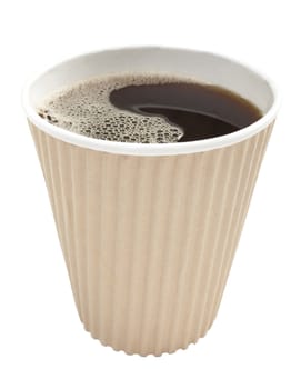 Takeaway espresso or black coffee in a disposable paper cup.