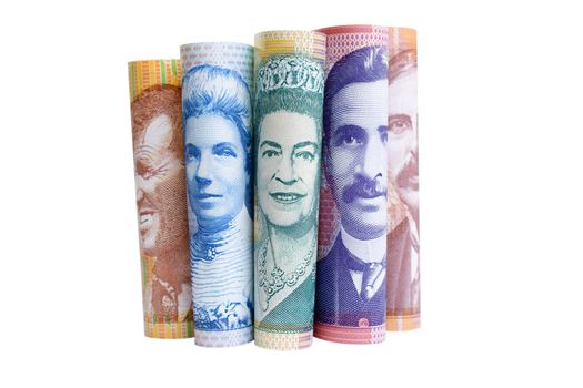 New Zealand banknotes, showing Queen Elizabeth and prominent New Zealanders. They are Sir Edmund Hillary, Kate Sheppard, Sir Apirana Ngata and Lord Rutherford.