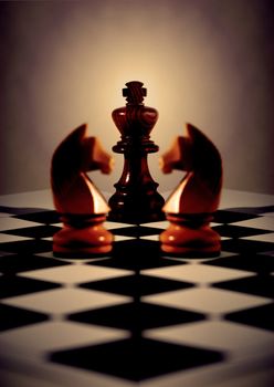 Black king with light behind, two white knights mirrored for symmetry, on diagonal chess board. Concepts business or religious or board meeting. Focus on King.