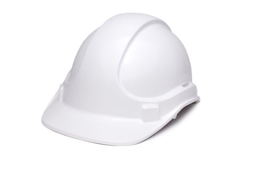 White hard hat isolated on white with soft shadow under brim and side, turned 3/4 face to camera.